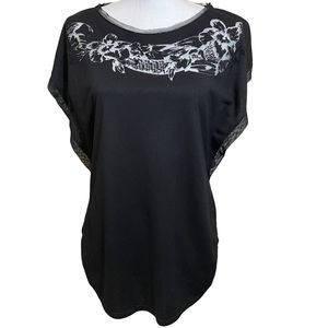 White House Black Market Floral Black Short Sleeved Blouse.  Size M